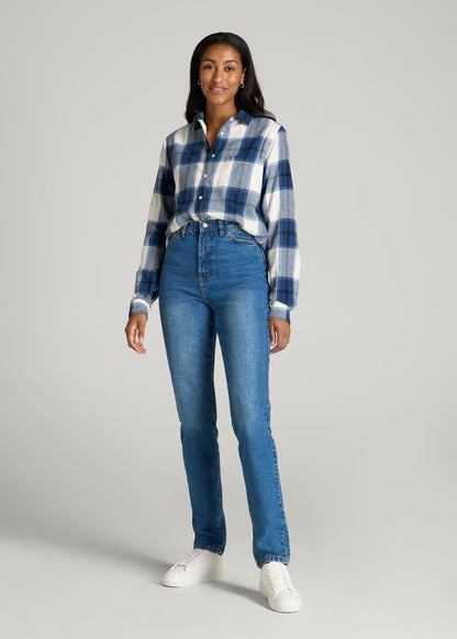 American Tall Women Flannel Button-Up Shirt for Tall Women in Ocean Blue and White