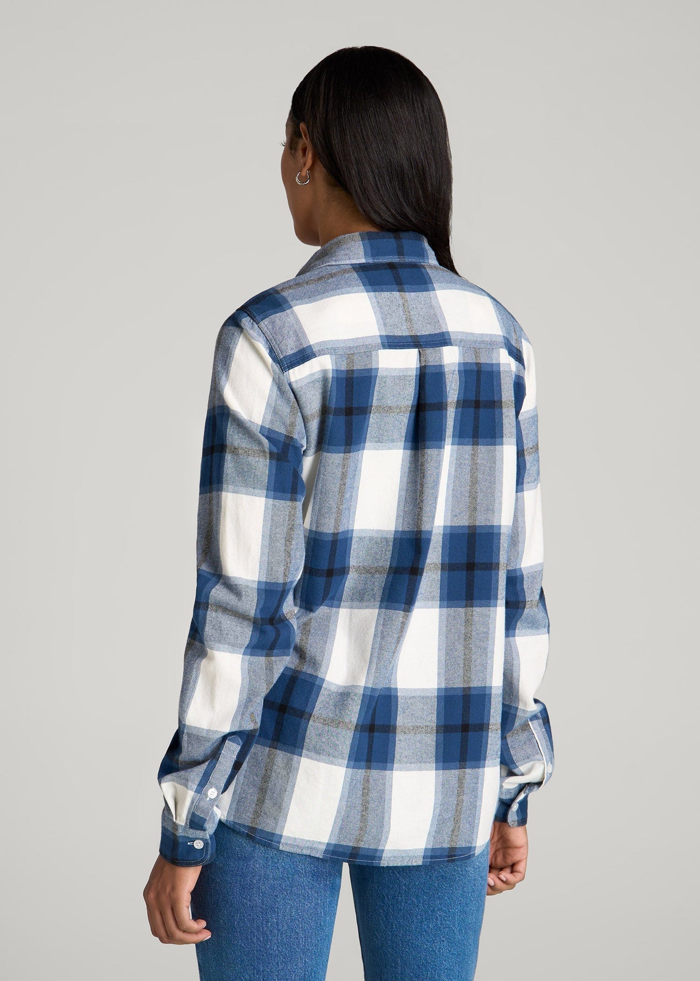 American Tall Women Flannel Button-Up Shirt for Tall Women in Ocean Blue and White