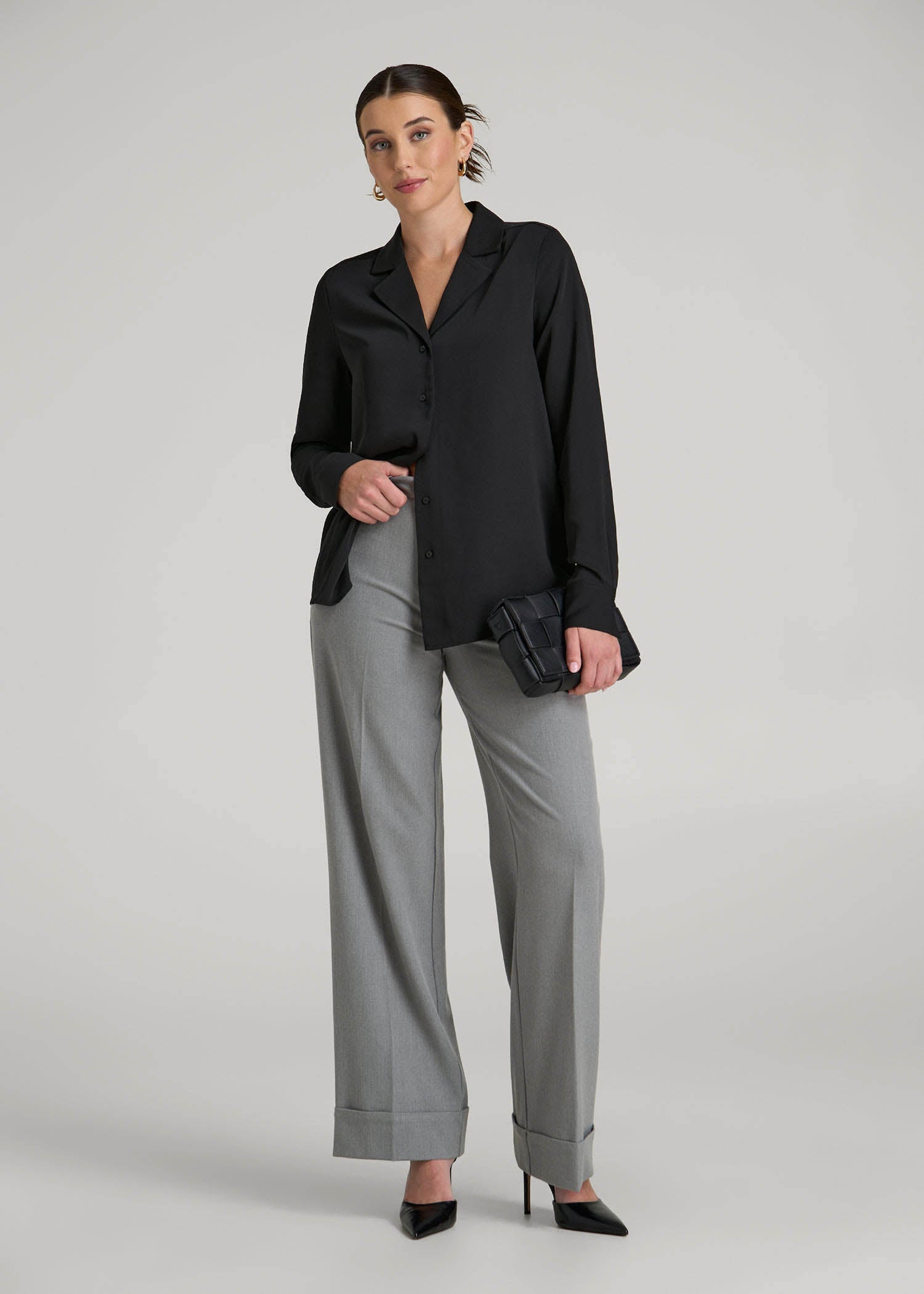 American Tall Women|Men Notch Collar Blouse for Tall Women in Black