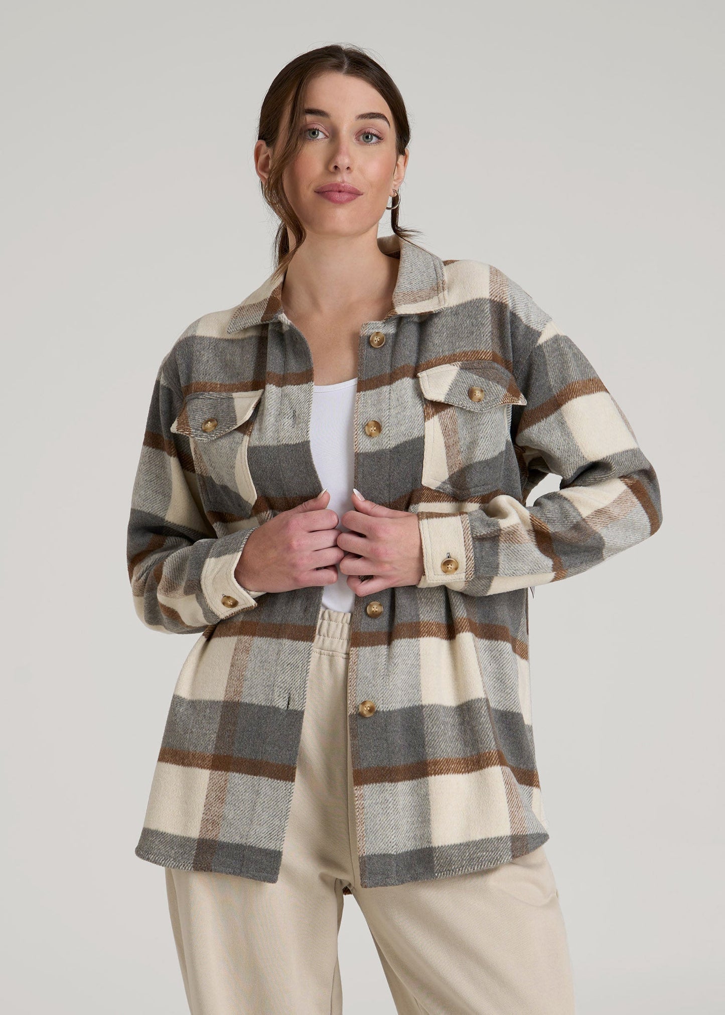 American Tall Women|Men Flannel Shacket for Tall Women in Grey and Cream Plaid