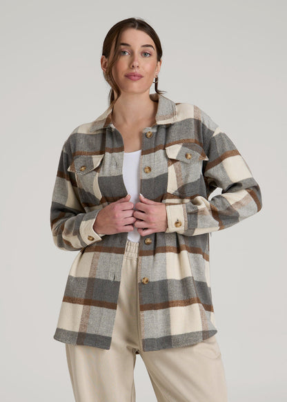 American Tall Women|Men Flannel Shacket for Tall Women in Grey and Cream Plaid
