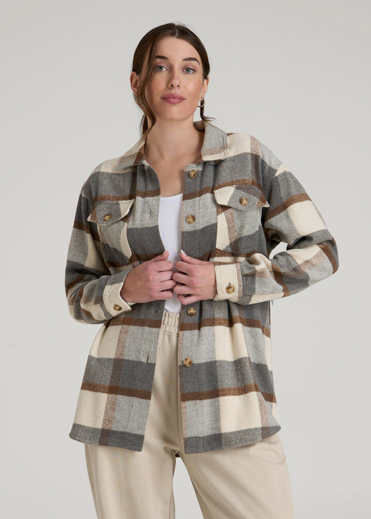 American Tall Women|Men Flannel Shacket for Tall Women in Grey and Cream Plaid