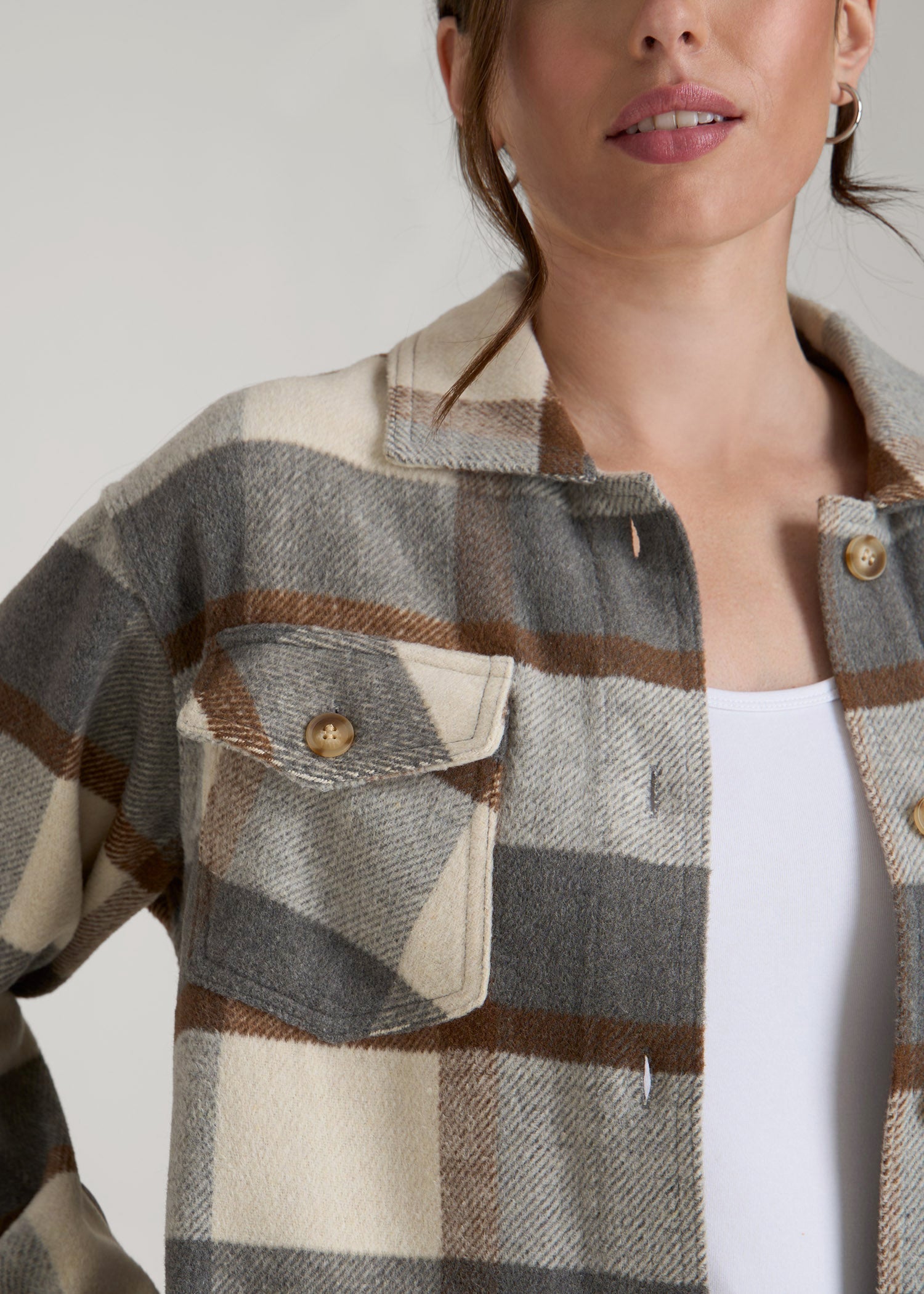American Tall Women|Men Flannel Shacket for Tall Women in Grey and Cream Plaid