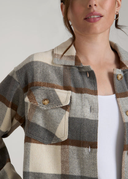 American Tall Women|Men Flannel Shacket for Tall Women in Grey and Cream Plaid