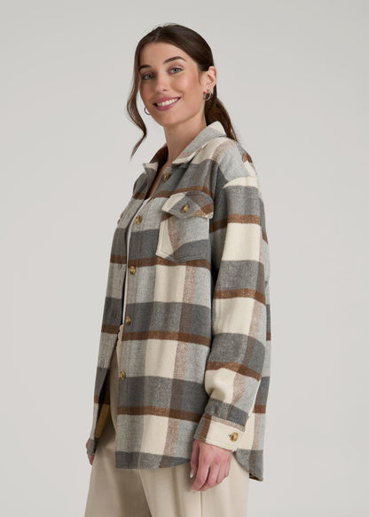 American Tall Women|Men Flannel Shacket for Tall Women in Grey and Cream Plaid