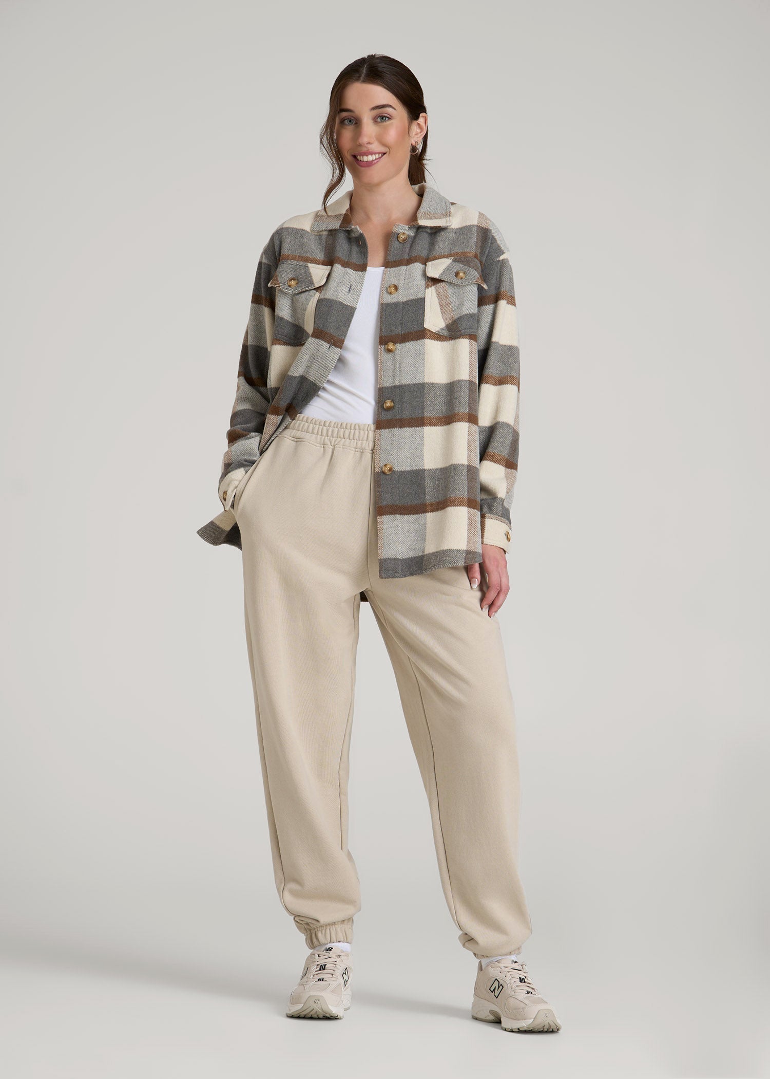 American Tall Women|Men Flannel Shacket for Tall Women in Grey and Cream Plaid