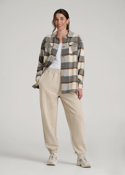 American Tall Women|Men Flannel Shacket for Tall Women in Grey and Cream Plaid