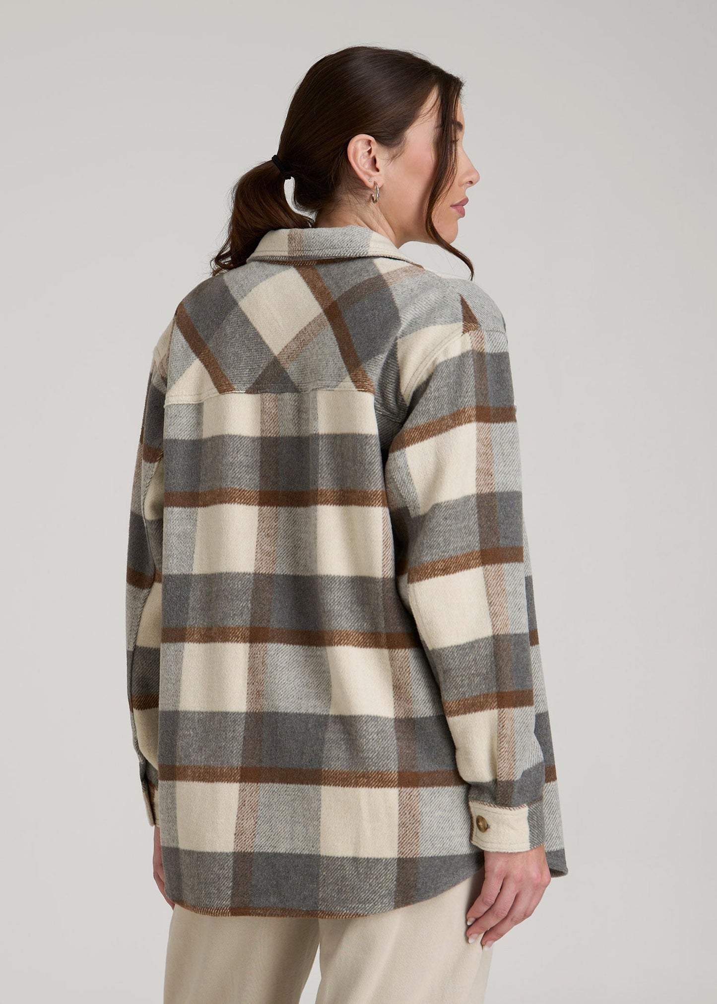 American Tall Women|Men Flannel Shacket for Tall Women in Grey and Cream Plaid