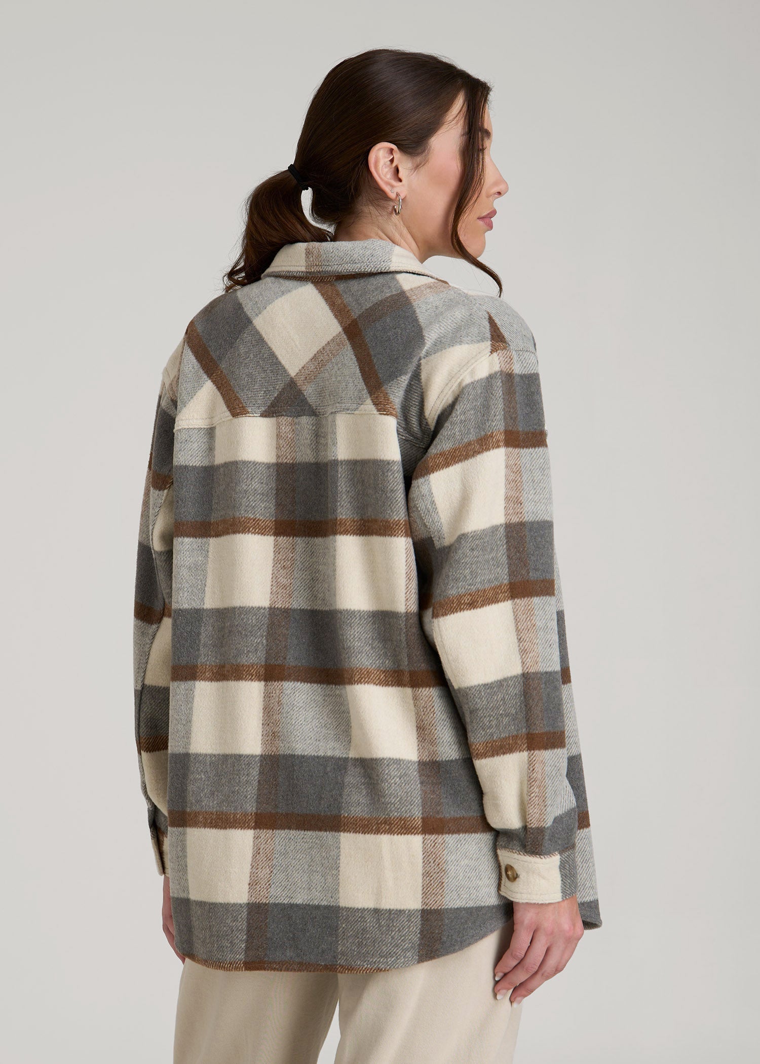American Tall Women|Men Flannel Shacket for Tall Women in Grey and Cream Plaid