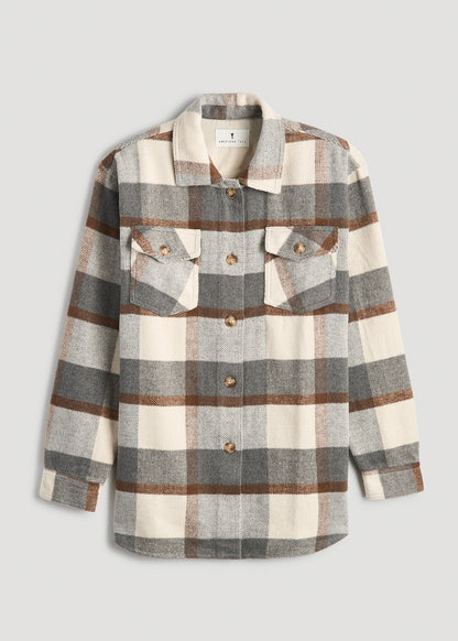 American Tall Women|Men Flannel Shacket for Tall Women in Grey and Cream Plaid