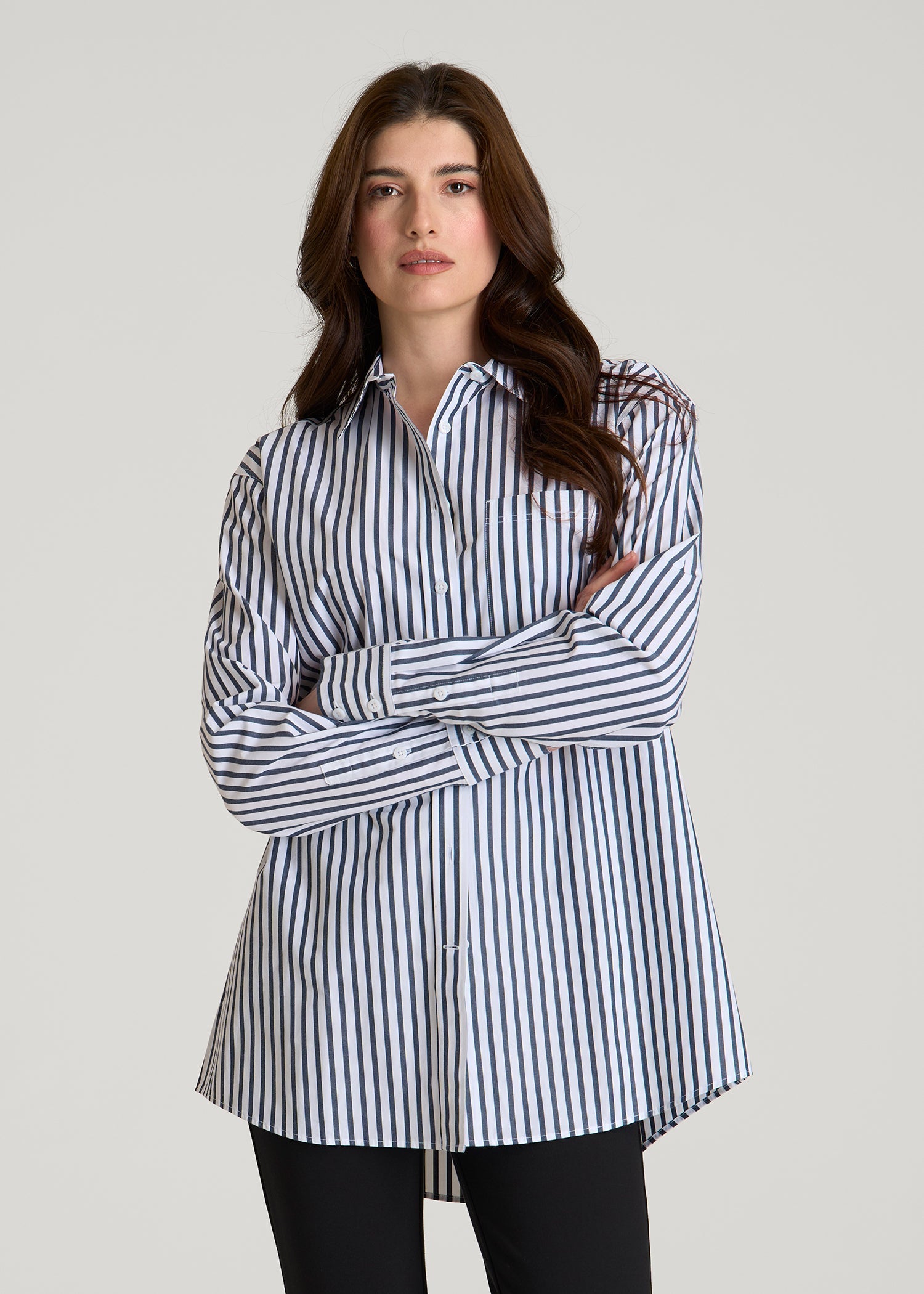 American Tall Women Oversized Poplin Button Shirt for Tall Women in White and Navy Stripe