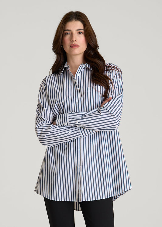 American Tall Women Oversized Poplin Button Shirt for Tall Women in White and Navy Stripe