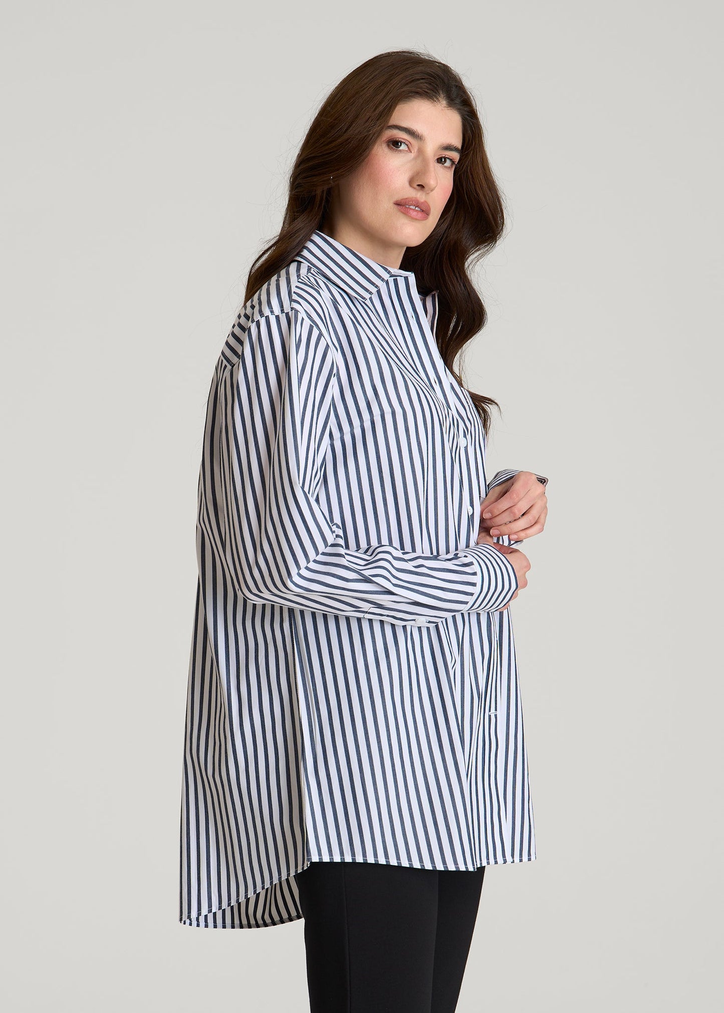 American Tall Women Oversized Poplin Button Shirt for Tall Women in White and Navy Stripe