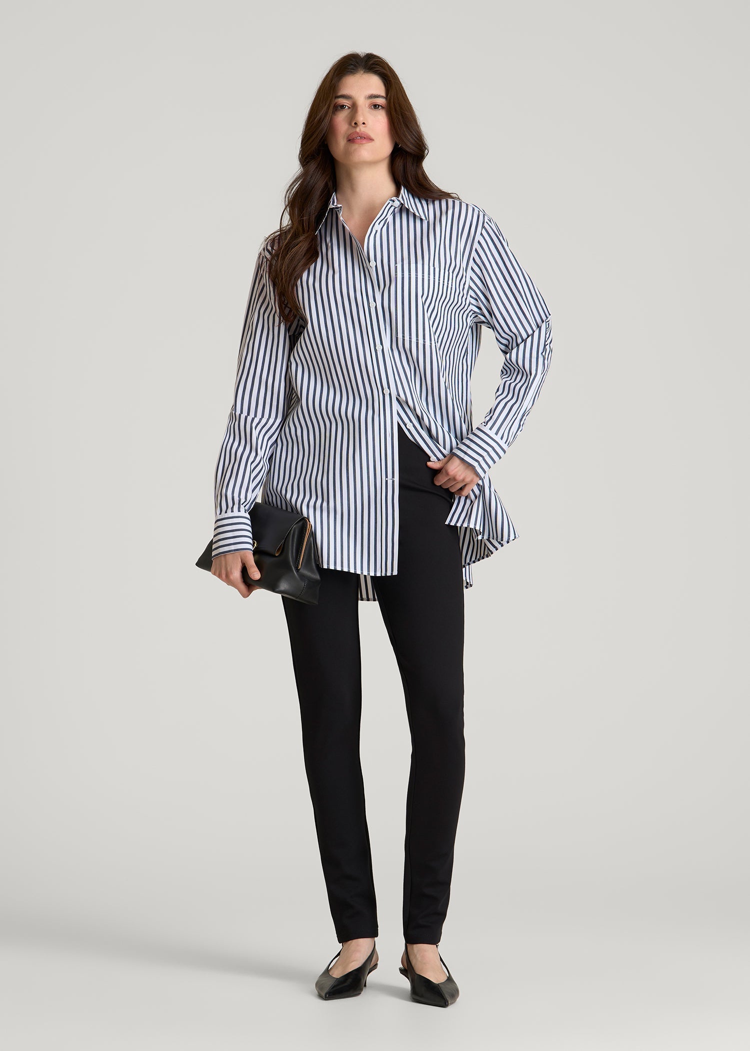 American Tall Women Oversized Poplin Button Shirt for Tall Women in White and Navy Stripe