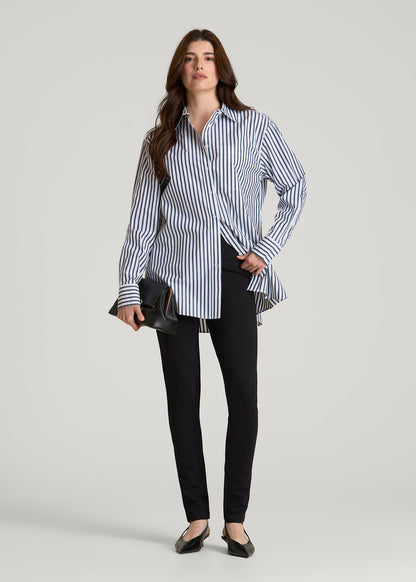 American Tall Women Oversized Poplin Button Shirt for Tall Women in White and Navy Stripe