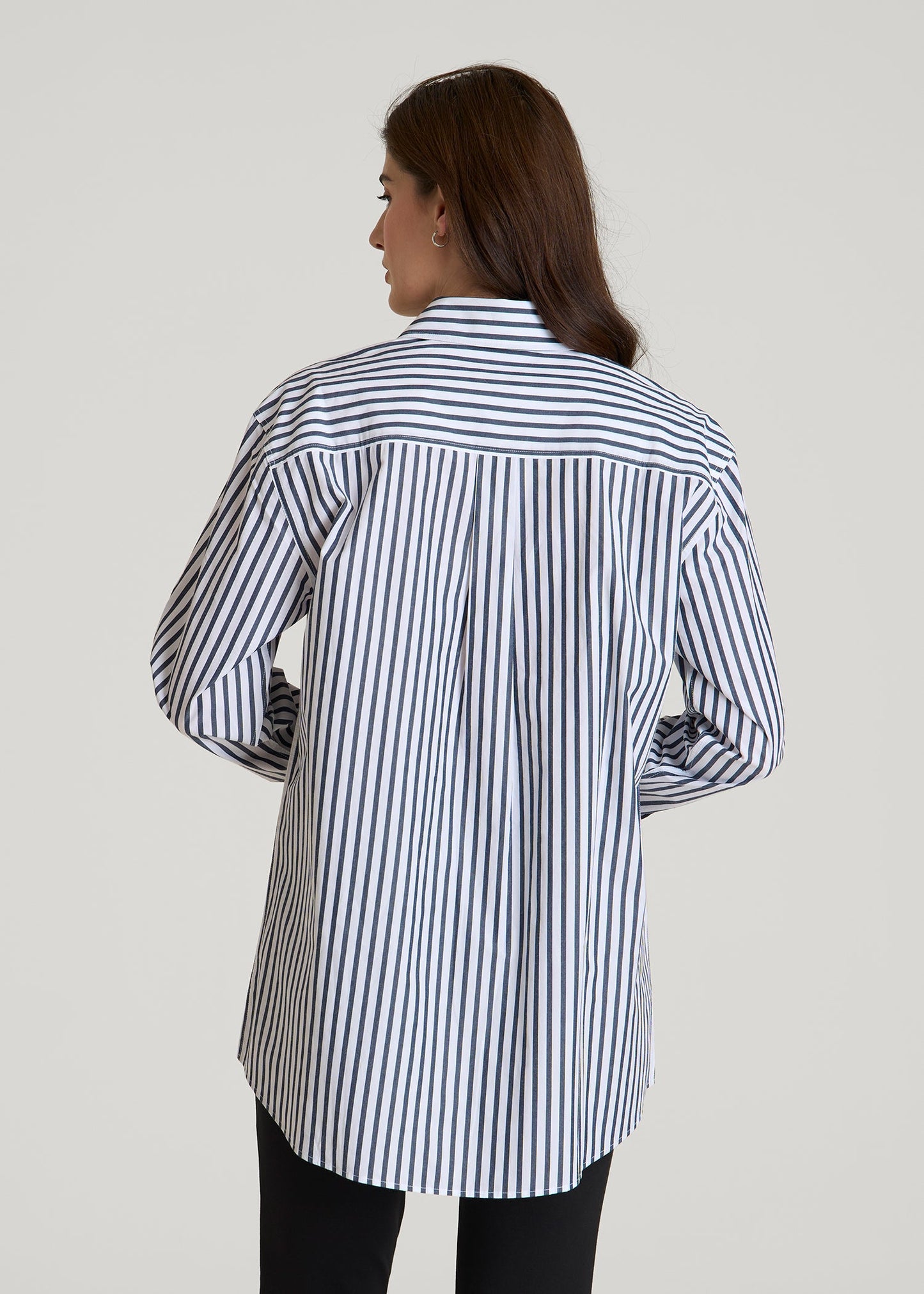 American Tall Women Oversized Poplin Button Shirt for Tall Women in White and Navy Stripe
