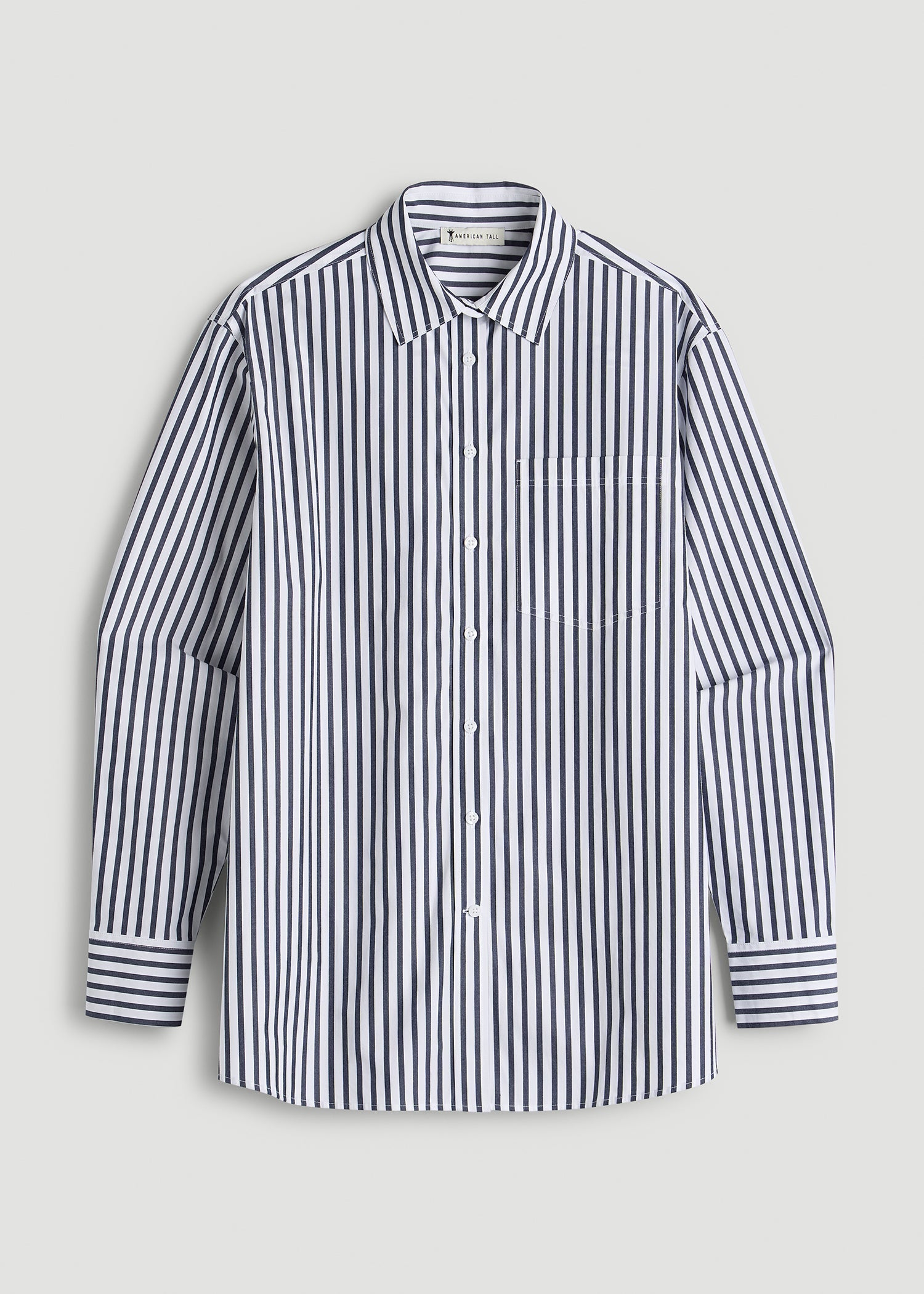 American Tall Women Oversized Poplin Button Shirt for Tall Women in White and Navy Stripe