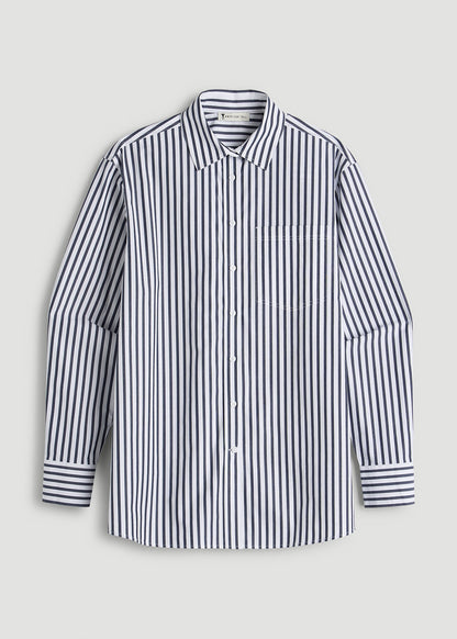 American Tall Women Oversized Poplin Button Shirt for Tall Women in White and Navy Stripe