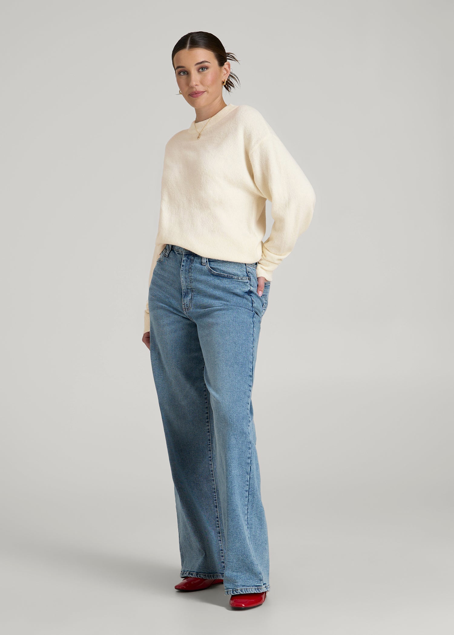 American Tall Women Relaxed Crewneck Wool Blend Sweater for Tall Women in White Alyssum