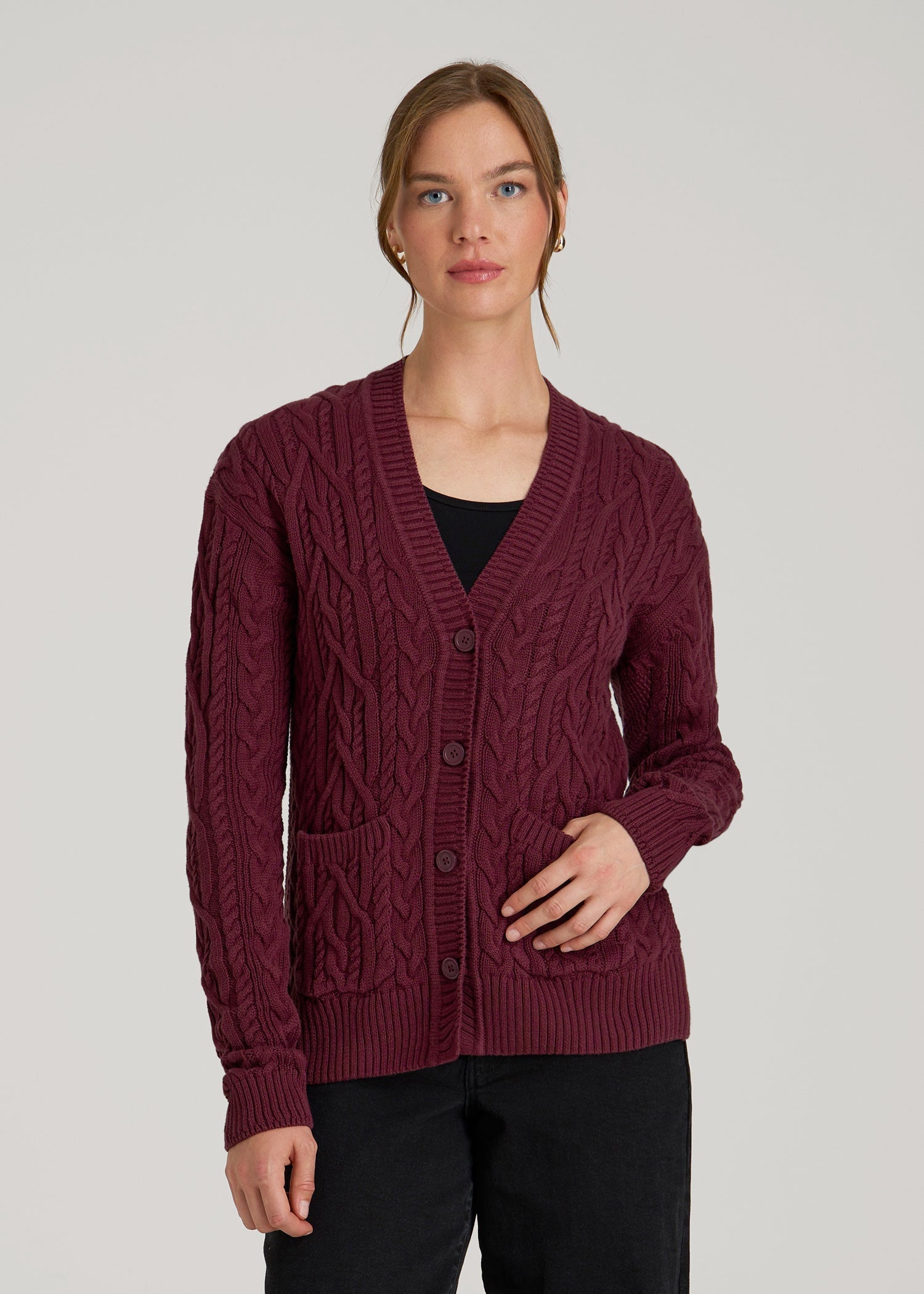 American Tall Women Relaxed Cotton Cable Knit Cardigan for Tall Women in Tawny Port