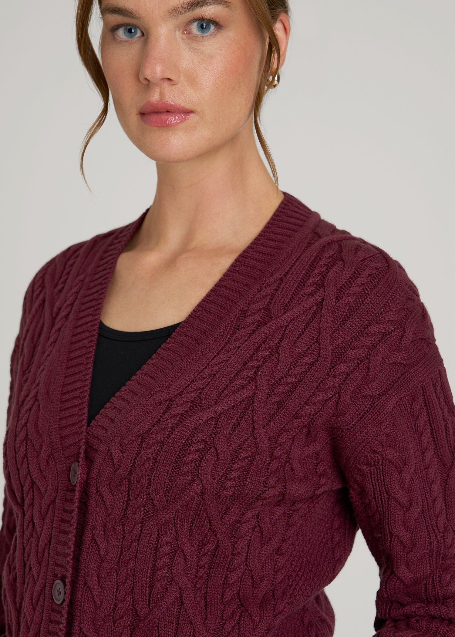 American Tall Women Relaxed Cotton Cable Knit Cardigan for Tall Women in Tawny Port