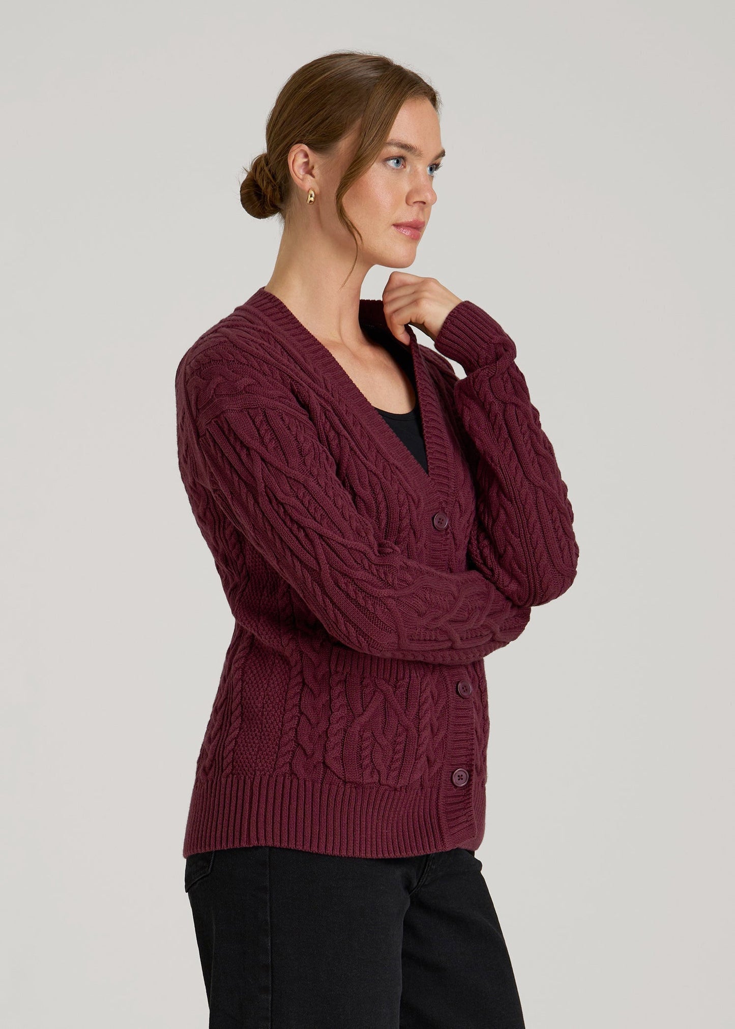 American Tall Women Relaxed Cotton Cable Knit Cardigan for Tall Women in Tawny Port