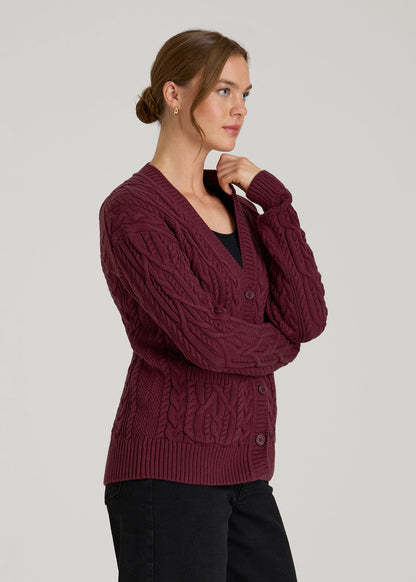 American Tall Women Relaxed Cotton Cable Knit Cardigan for Tall Women in Tawny Port