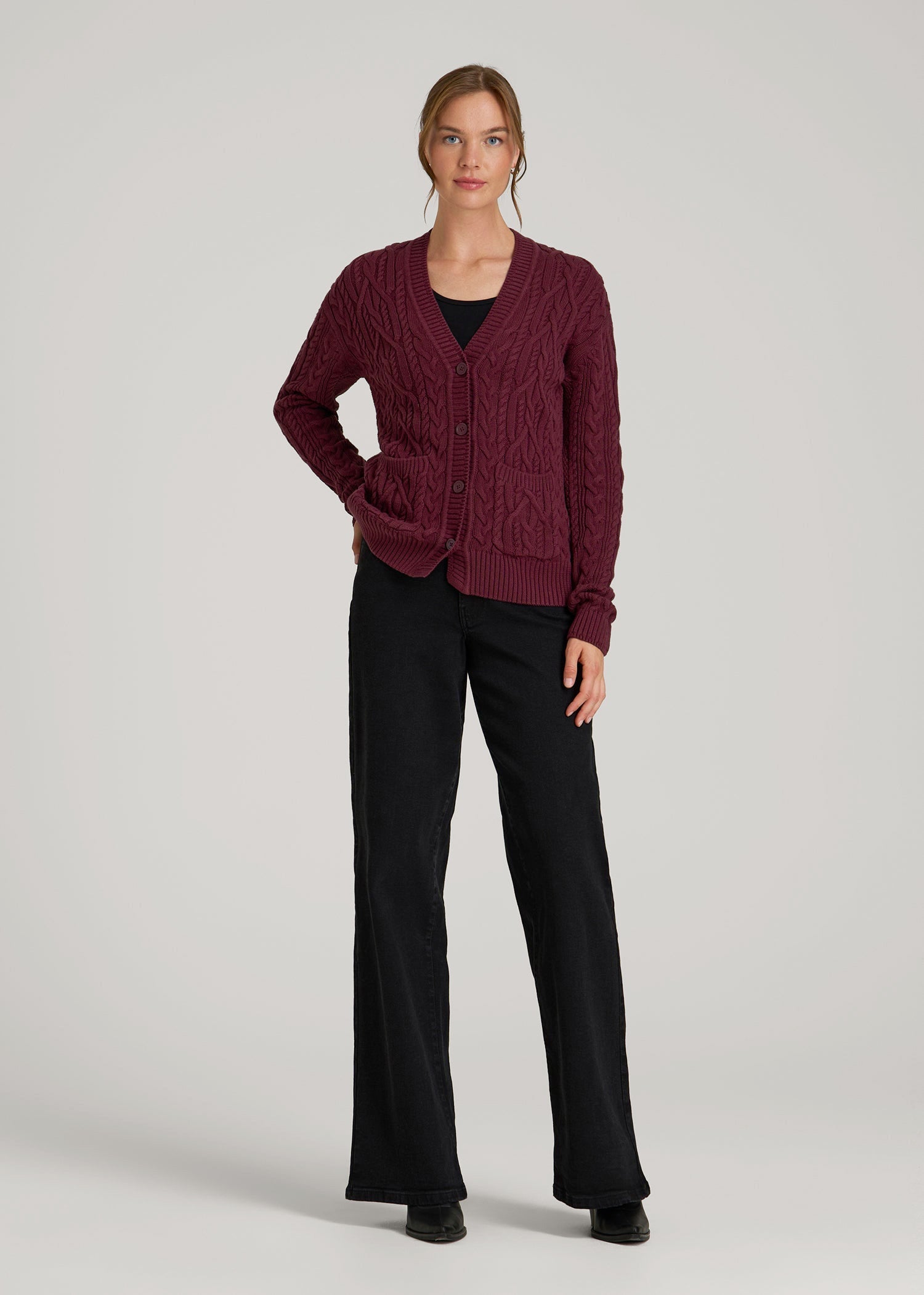 American Tall Women Relaxed Cotton Cable Knit Cardigan for Tall Women in Tawny Port