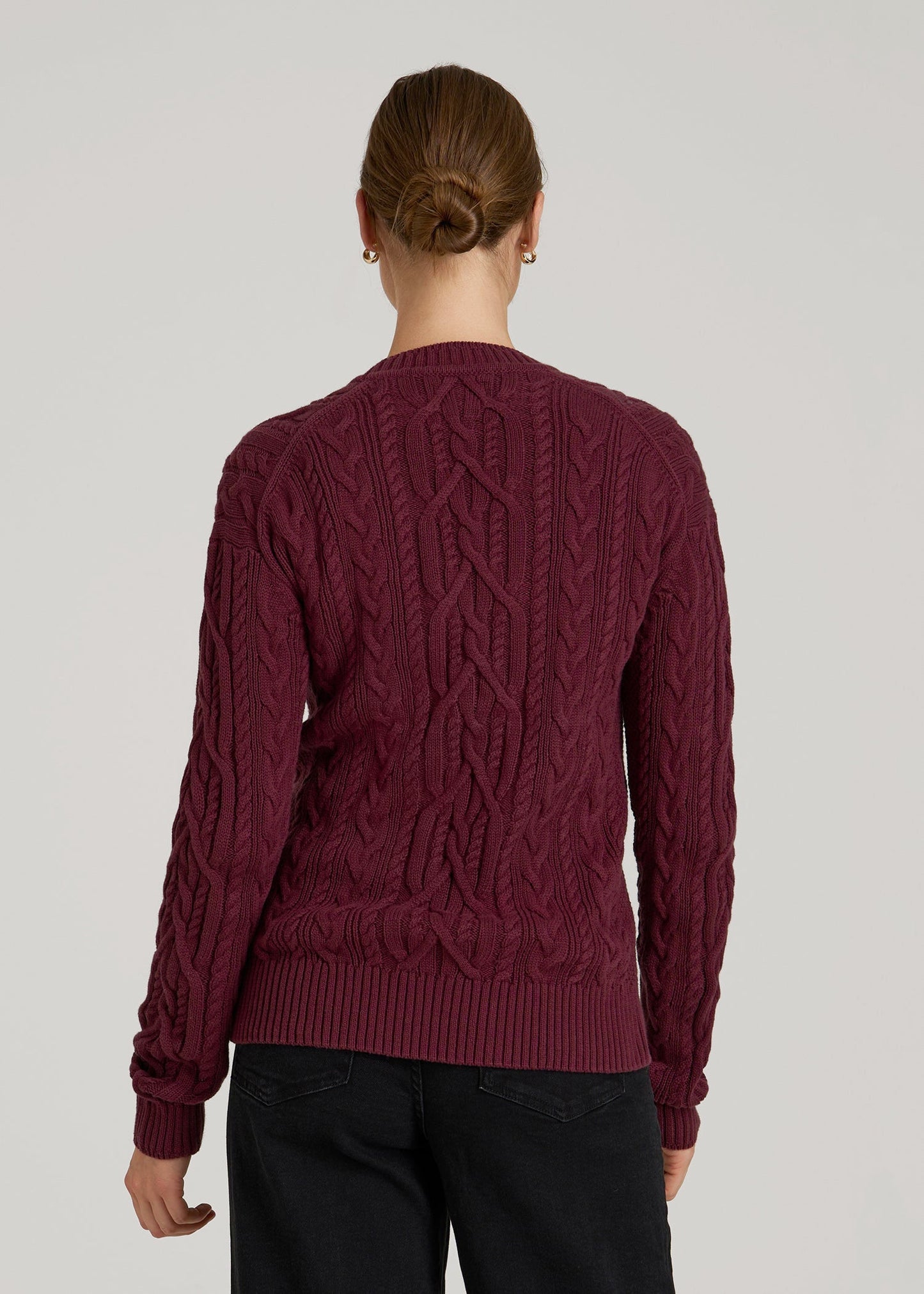 American Tall Women Relaxed Cotton Cable Knit Cardigan for Tall Women in Tawny Port
