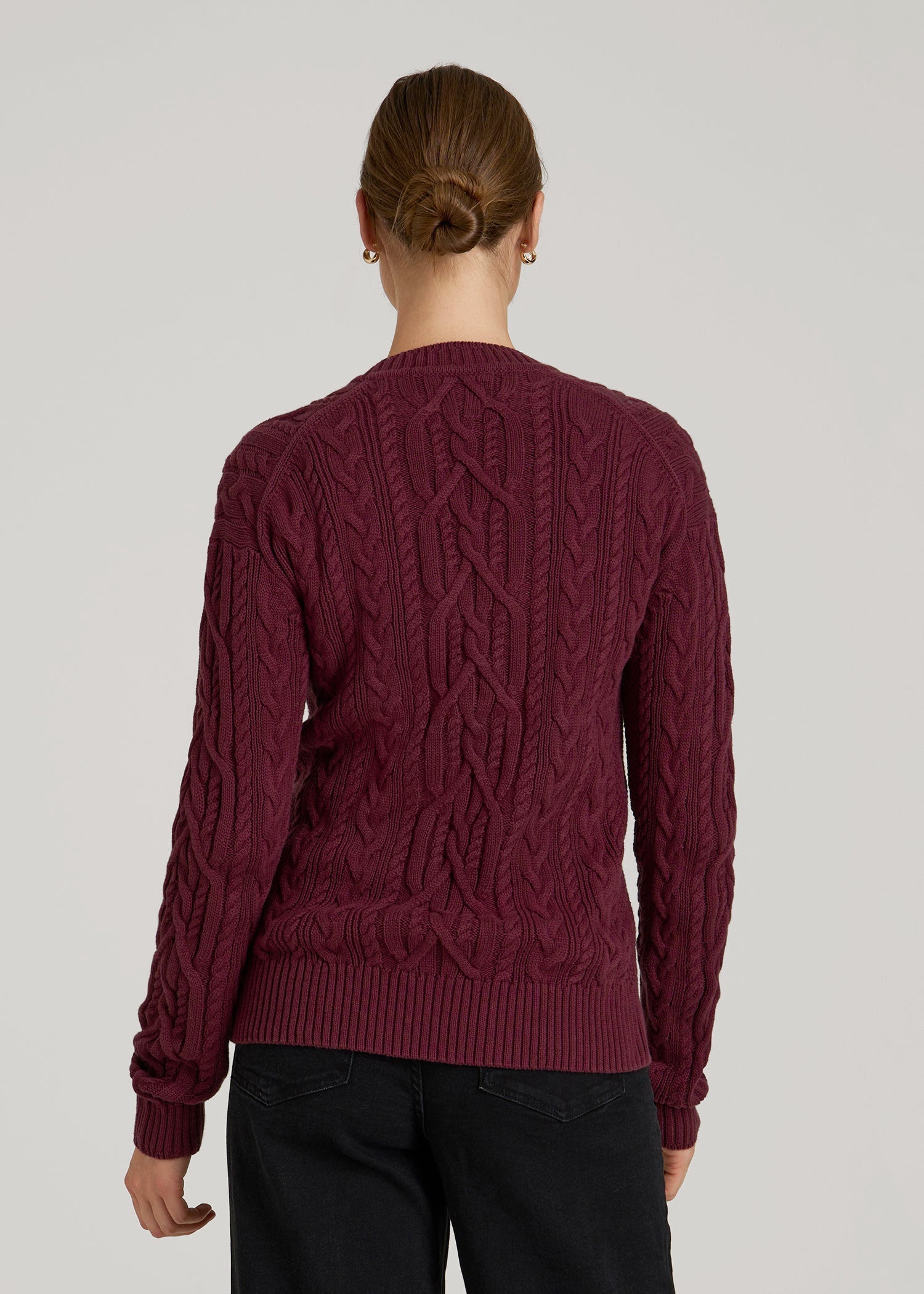 American Tall Women Relaxed Cotton Cable Knit Cardigan for Tall Women in Tawny Port