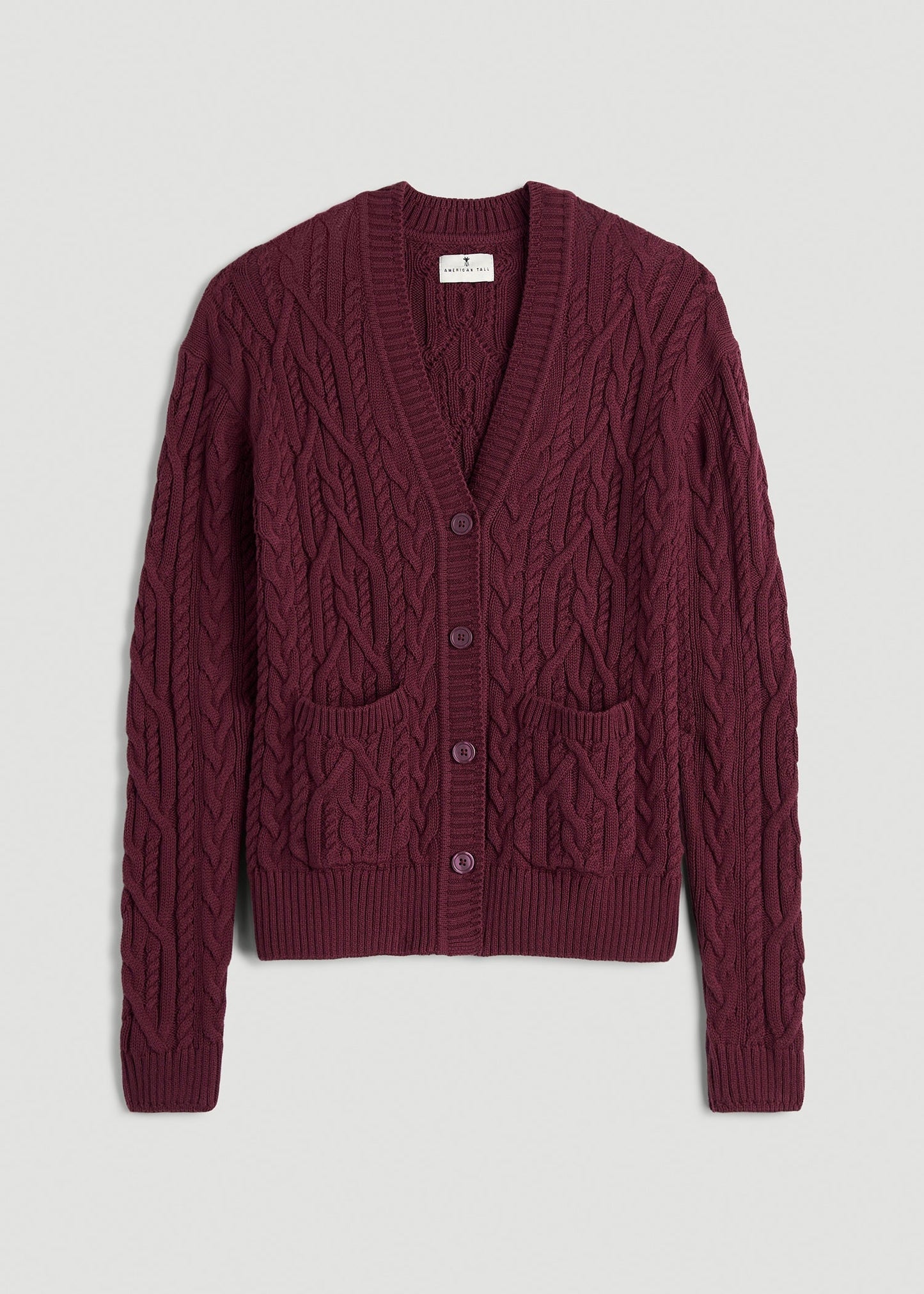 American Tall Women Relaxed Cotton Cable Knit Cardigan for Tall Women in Tawny Port