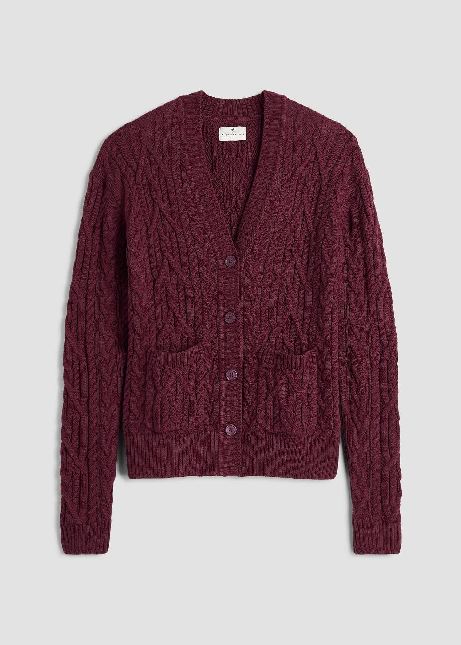 American Tall Women Relaxed Cotton Cable Knit Cardigan for Tall Women in Tawny Port