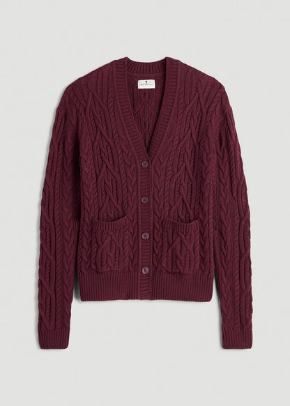 American Tall Women Relaxed Cotton Cable Knit Cardigan for Tall Women in Tawny Port