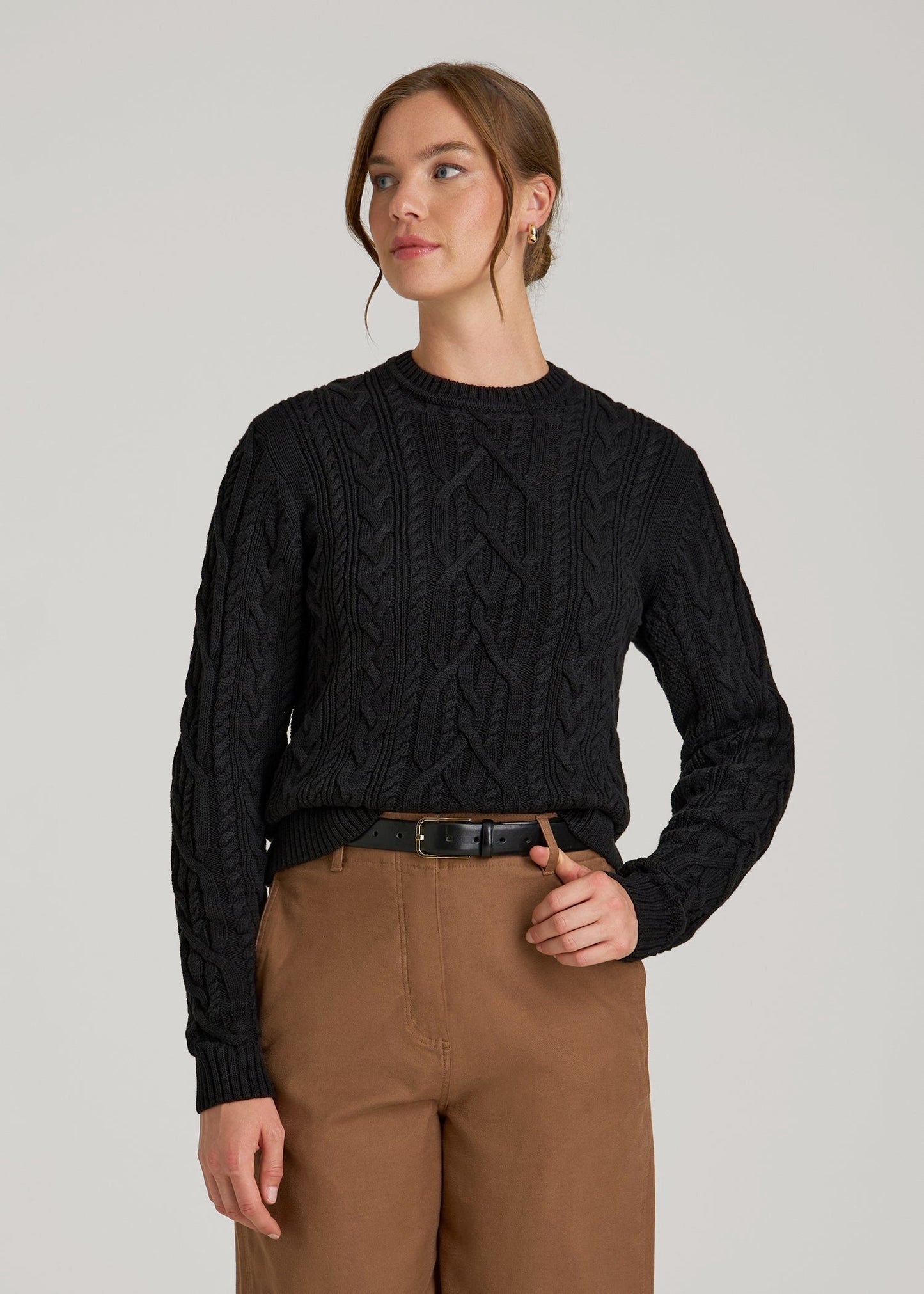 American Tall Women Cotton Crewneck Sweater for Tall Women in Black