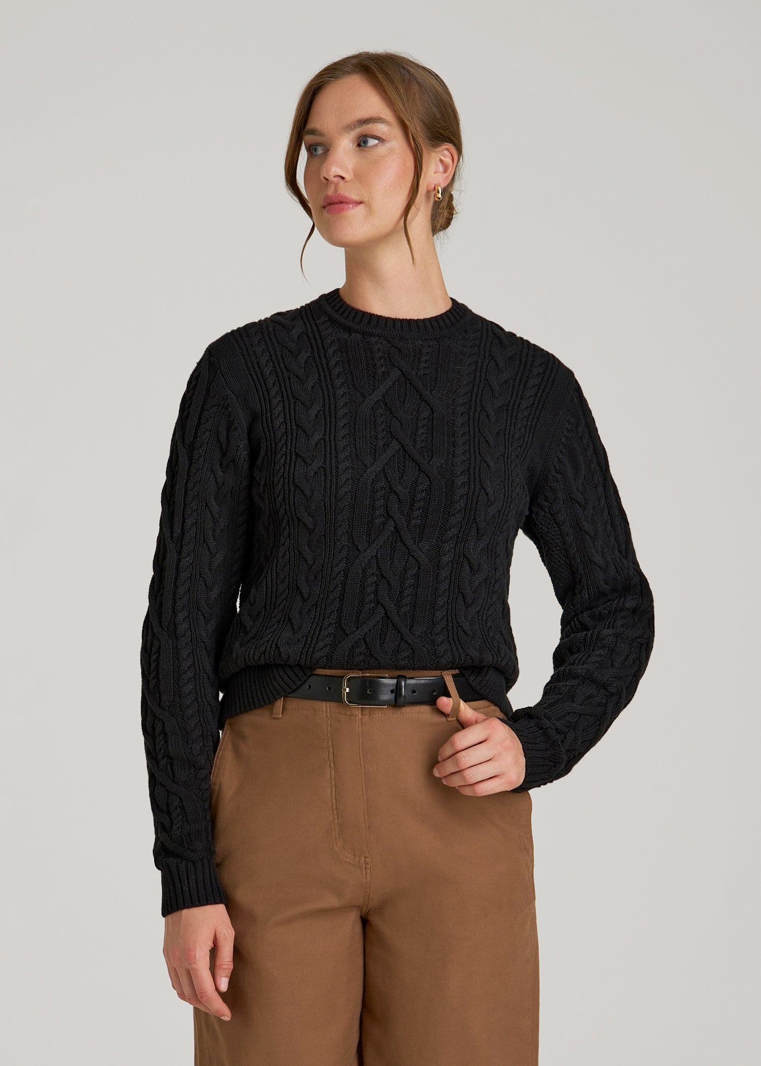 American Tall Women Cotton Crewneck Sweater for Tall Women in Black