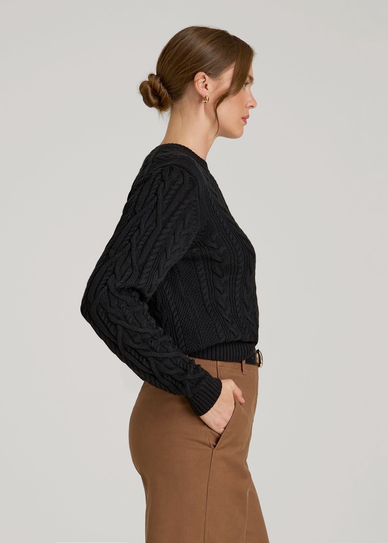 American Tall Women Cotton Crewneck Sweater for Tall Women in Black