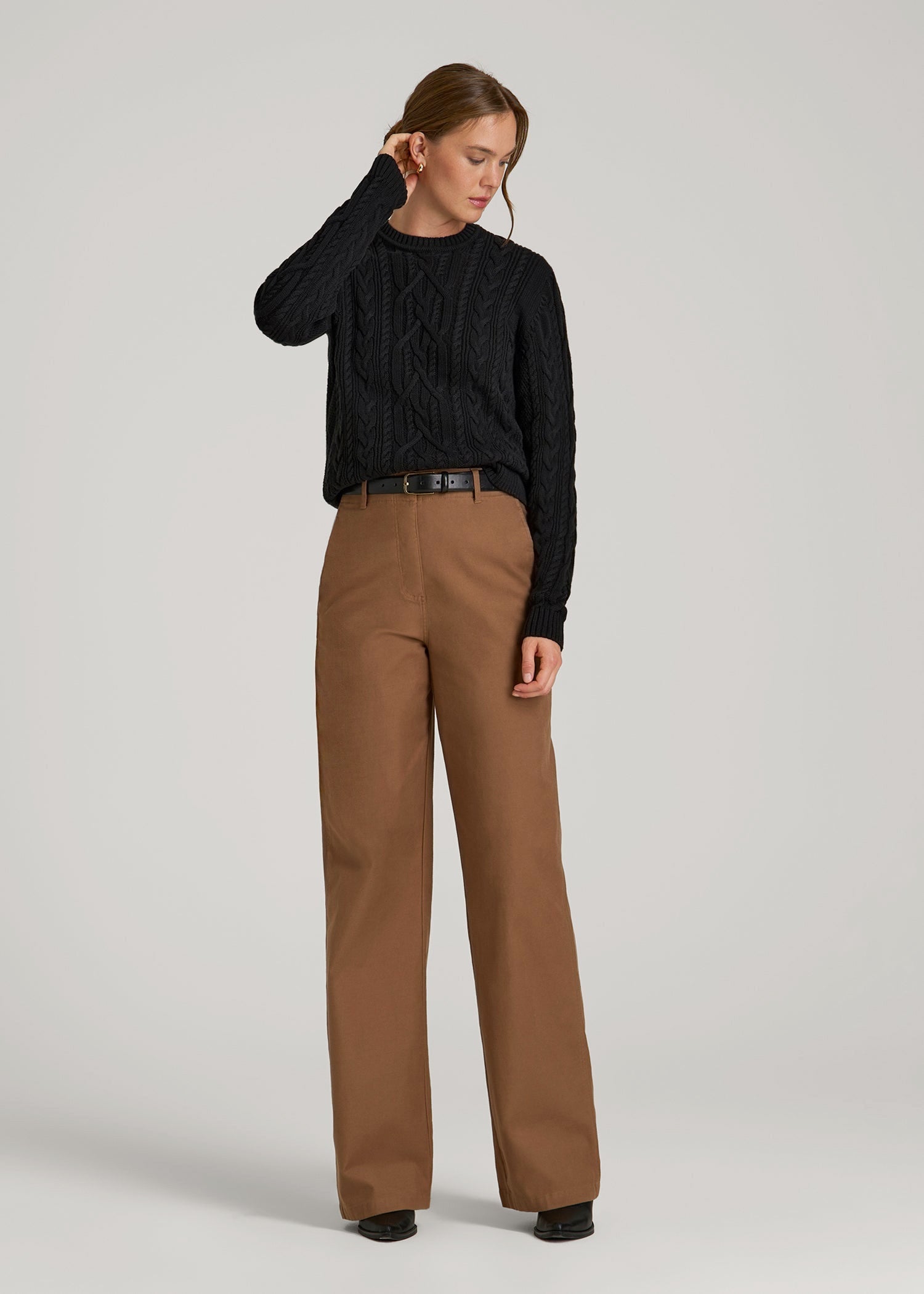 American Tall Women Cotton Crewneck Sweater for Tall Women in Black