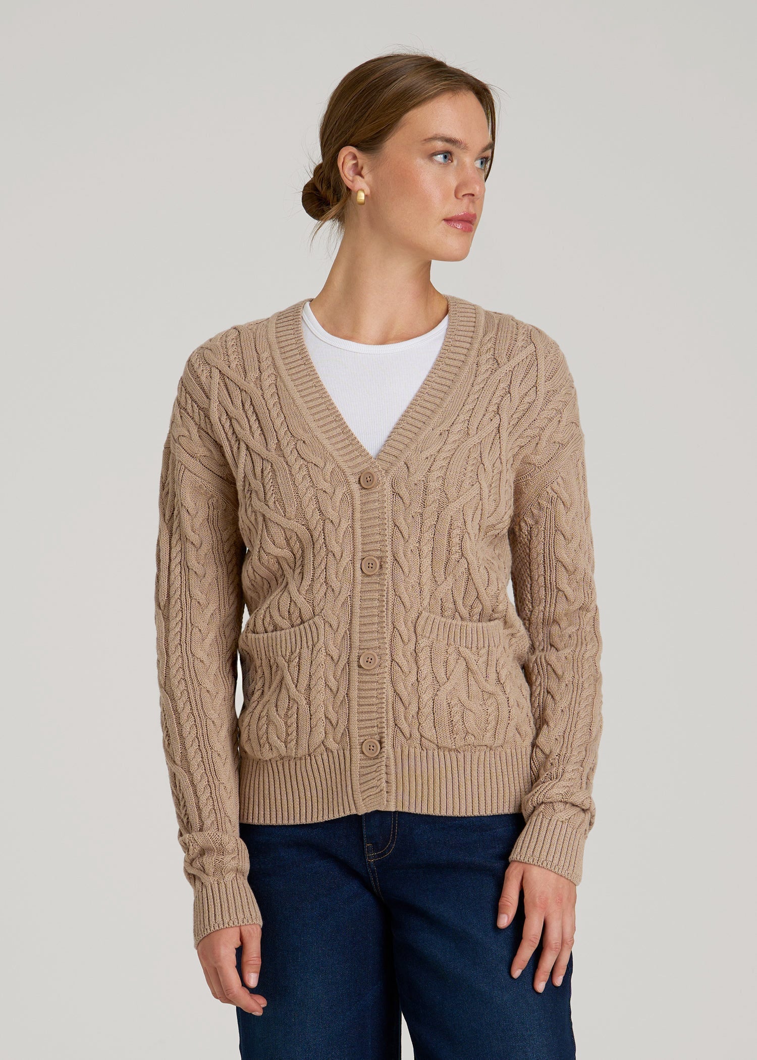 American Tall Women Relaxed Cotton Cable Knit Cardigan for Tall Women in Stucco