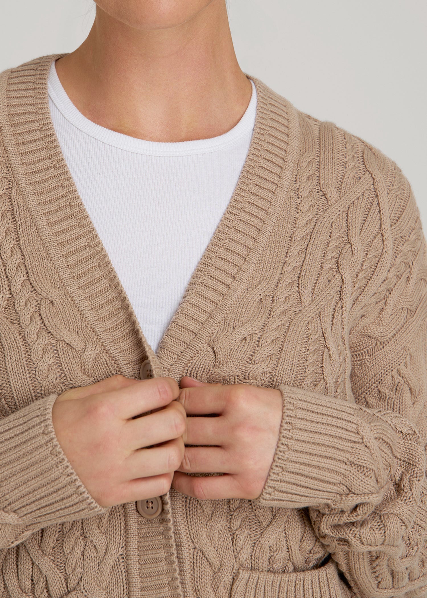 American Tall Women Relaxed Cotton Cable Knit Cardigan for Tall Women in Stucco