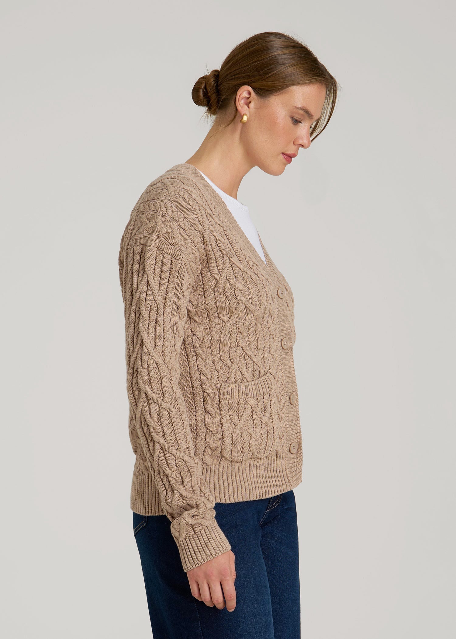 American Tall Women Relaxed Cotton Cable Knit Cardigan for Tall Women in Stucco