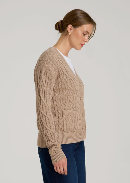 American Tall Women Relaxed Cotton Cable Knit Cardigan for Tall Women in Stucco