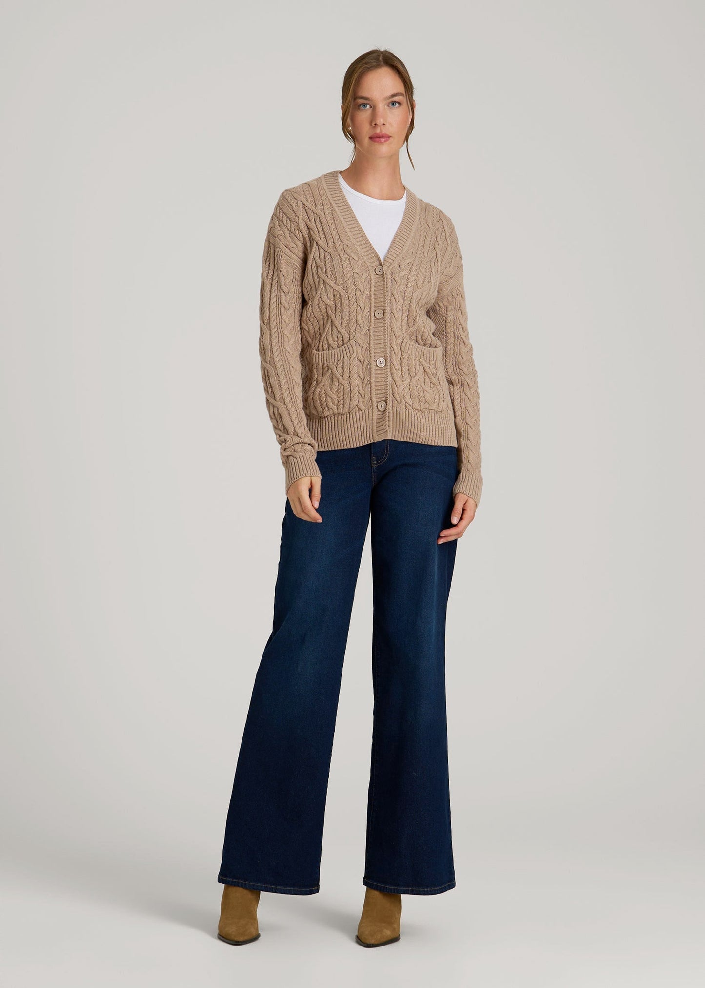 American Tall Women Relaxed Cotton Cable Knit Cardigan for Tall Women in Stucco