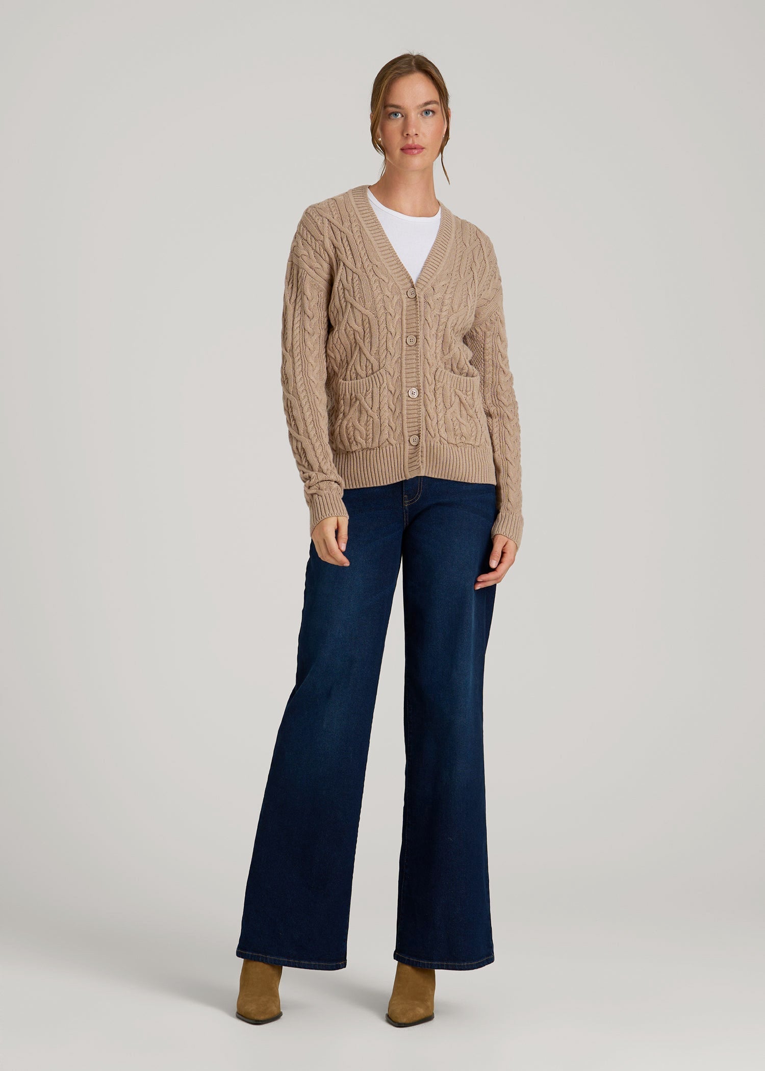 American Tall Women Relaxed Cotton Cable Knit Cardigan for Tall Women in Stucco