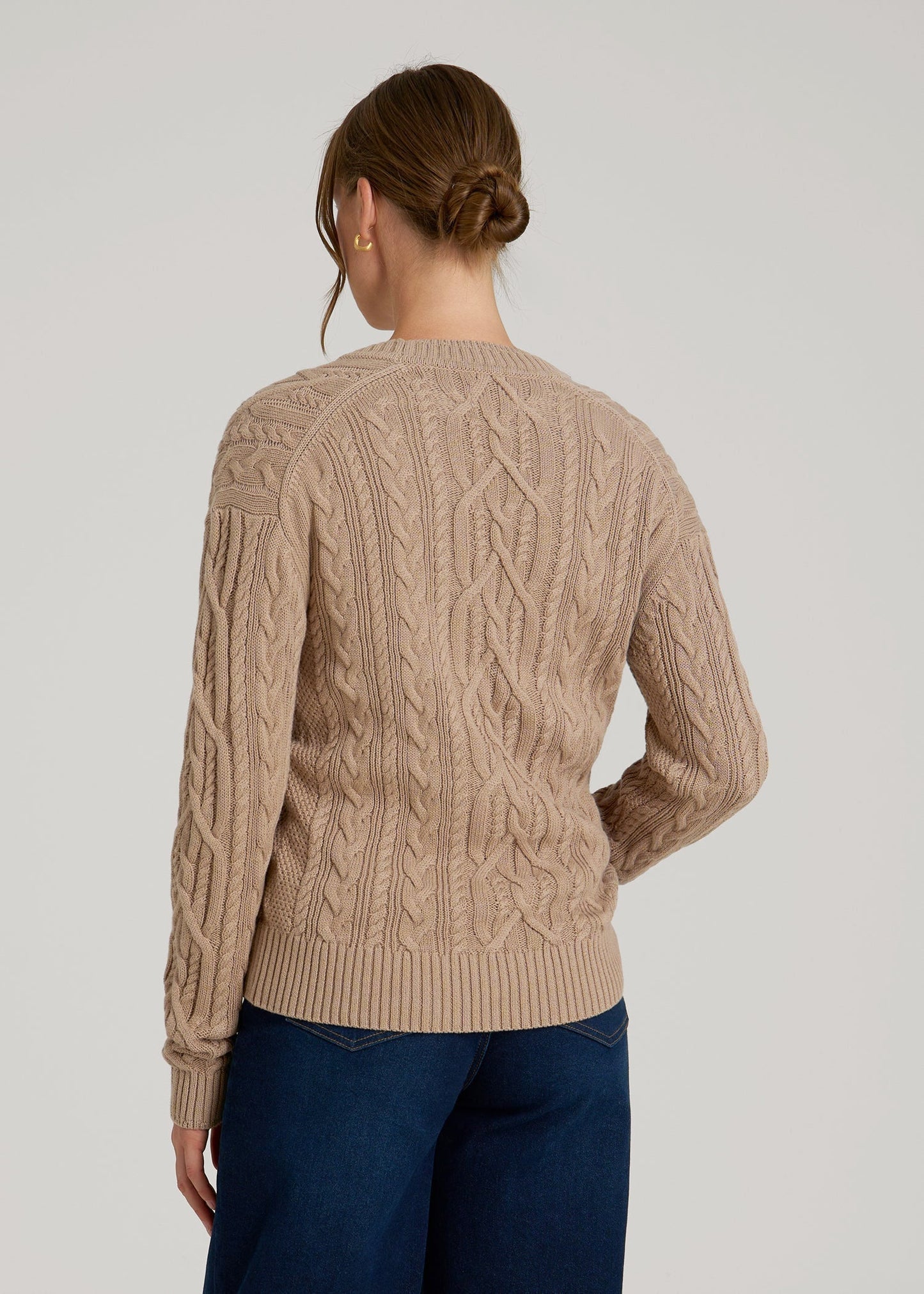 American Tall Women Relaxed Cotton Cable Knit Cardigan for Tall Women in Stucco