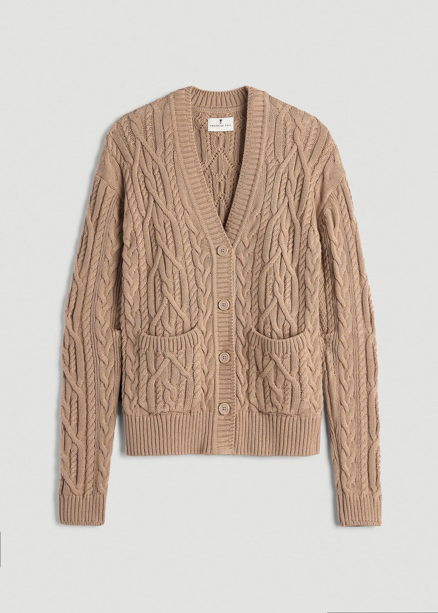 American Tall Women Relaxed Cotton Cable Knit Cardigan for Tall Women in Stucco
