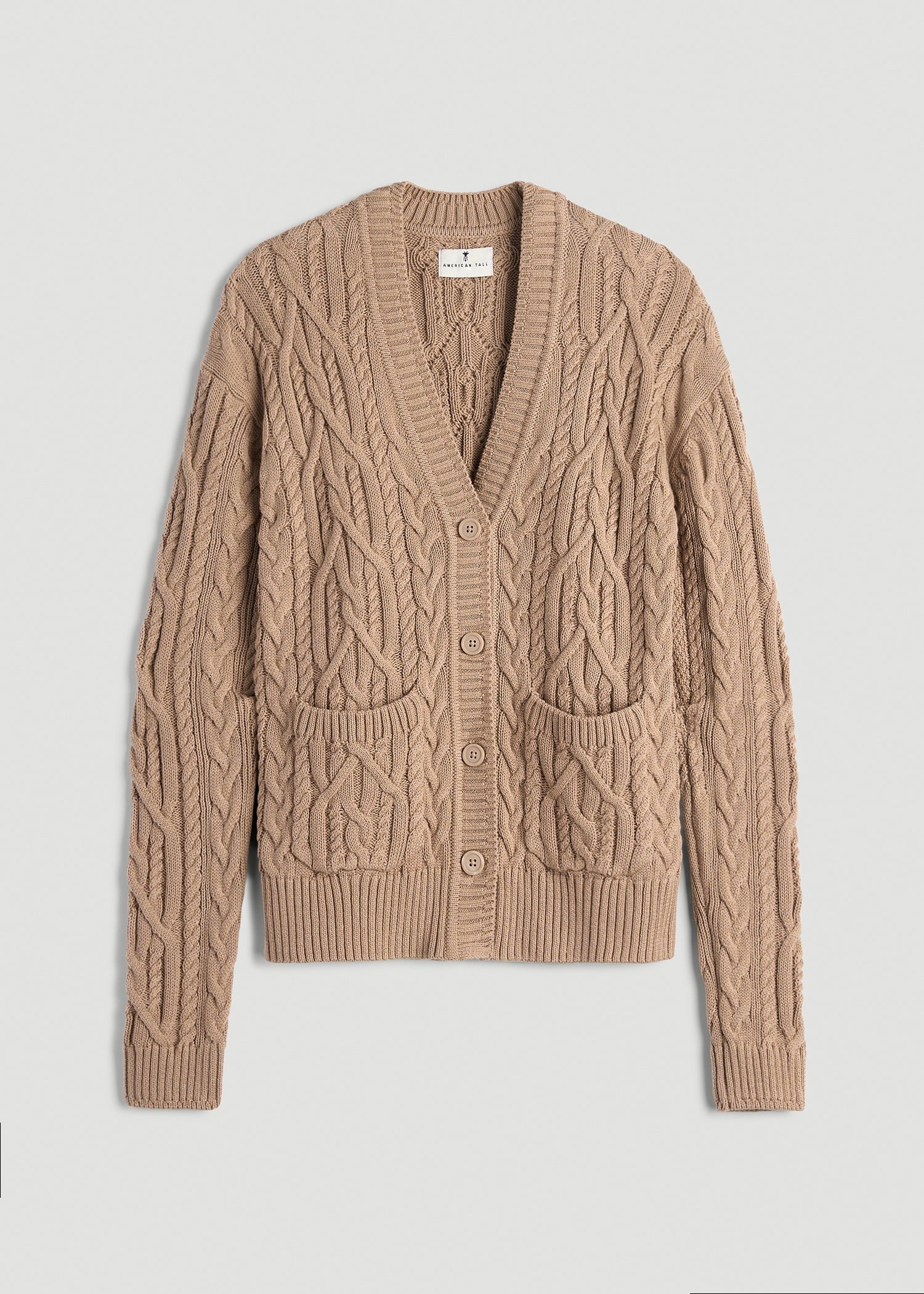 American Tall Women Relaxed Cotton Cable Knit Cardigan for Tall Women in Stucco