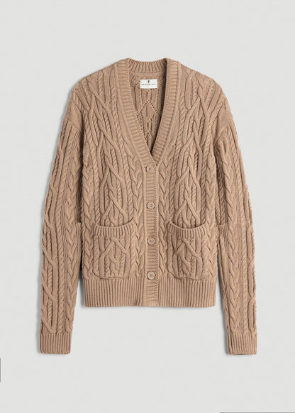 American Tall Women Relaxed Cotton Cable Knit Cardigan for Tall Women in Stucco