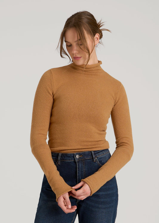 American Tall Women Rolled Mock Neck Sweater for Tall Women in Caramel