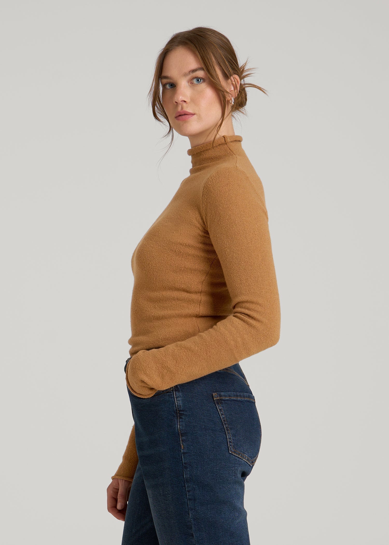 American Tall Women Rolled Mock Neck Sweater for Tall Women in Caramel