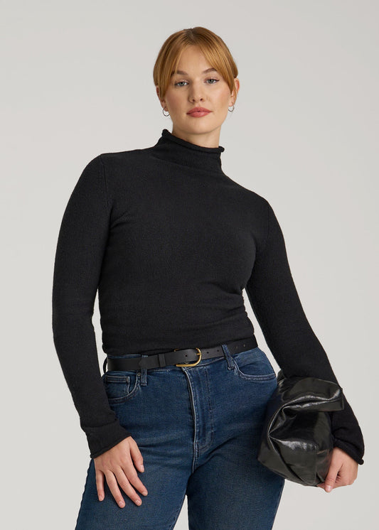 American Tall Women Rolled Mock Neck Sweater for Tall Women in Black